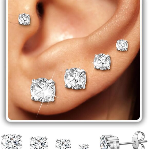 Set of 4 Hypoallergenic Silver CZ Stud Earrings for Men and Women, Includes 3-6m - Picture 1 of 7